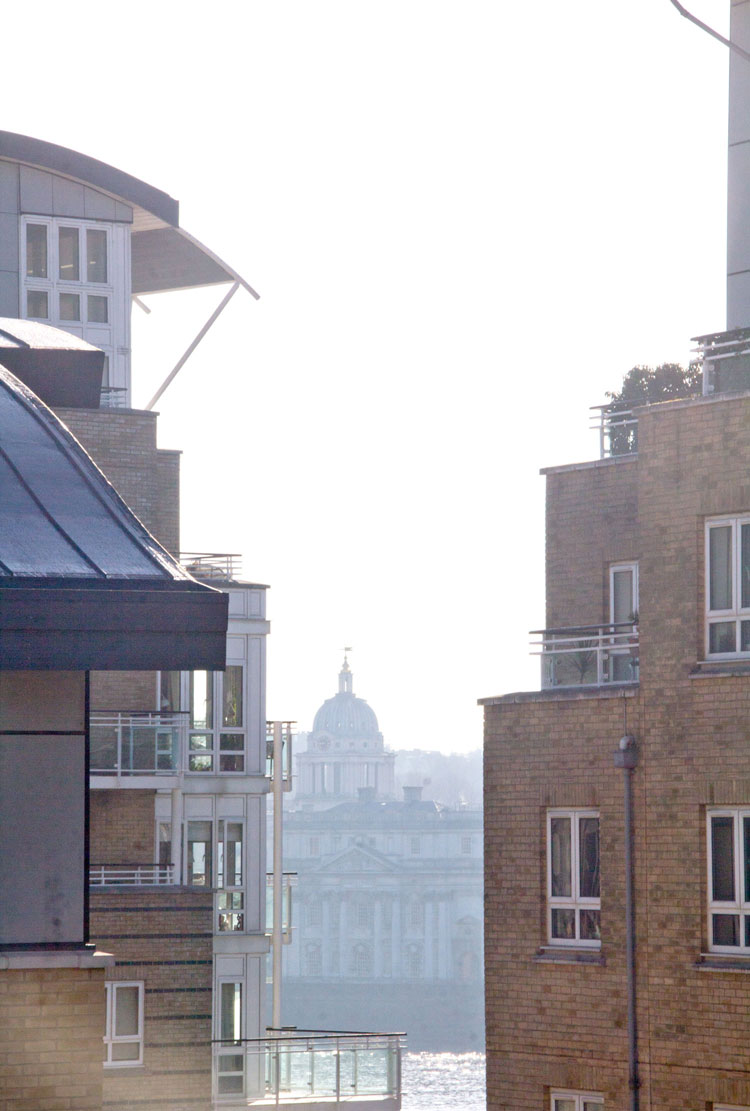 View across St. Davids Square to the Old Royal Naval College.